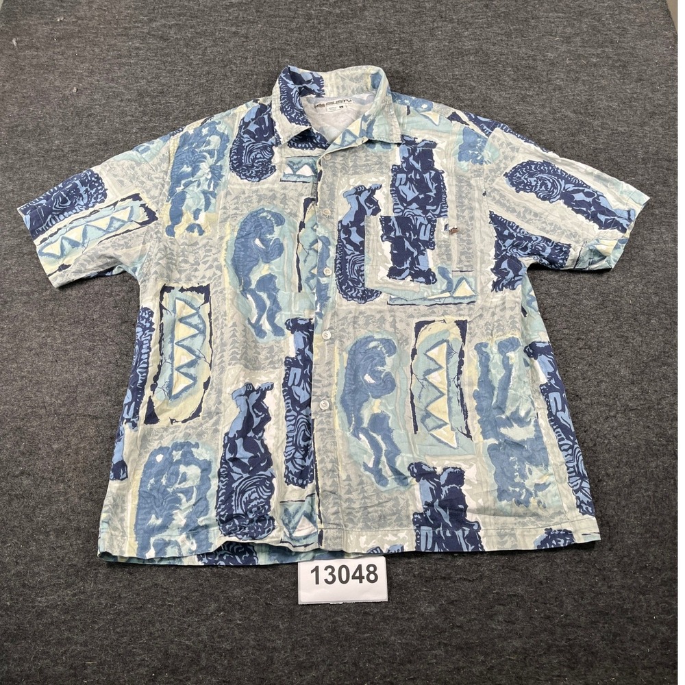 Rusty Button Up Shirt Mens L Blue Grey Excellent Tiki Tribal Surf Print